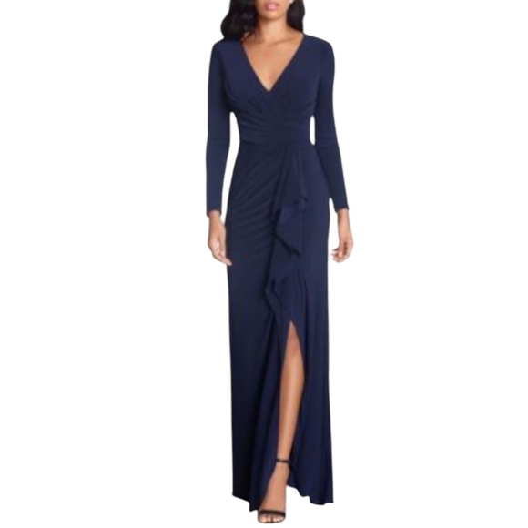 Betsy & Adam Elegant Navy Long Sleeve V Neck Ruched Slit Long Gown NWT Sz 10 - Picture 1 of 7
